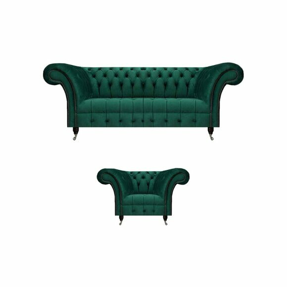 Komplett Grüne Chesterfield Couchgarnitur Designer Sessel Dreisitzer von JV Moebel