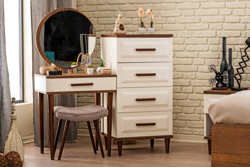 Komplett Schlafzimmer 4tlg Schminktisch mit Spiegel Design Kommode Sitzhocker von JV Möbel