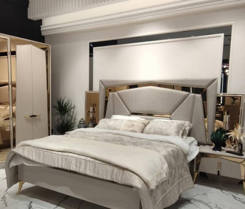 Komplett Schlafzimmer Doppelbett Nachttische mit Spiegel Beige Gold 3tlg von JV Möbel