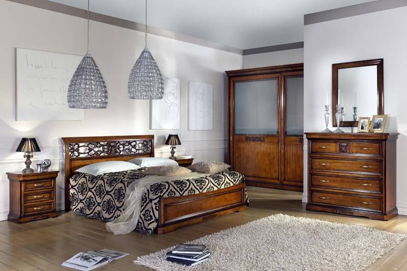Komplett Schlafzimmer Set Braun Kleiderschrank Bett Nachttisch Kommode Spiegel von JV Möbel