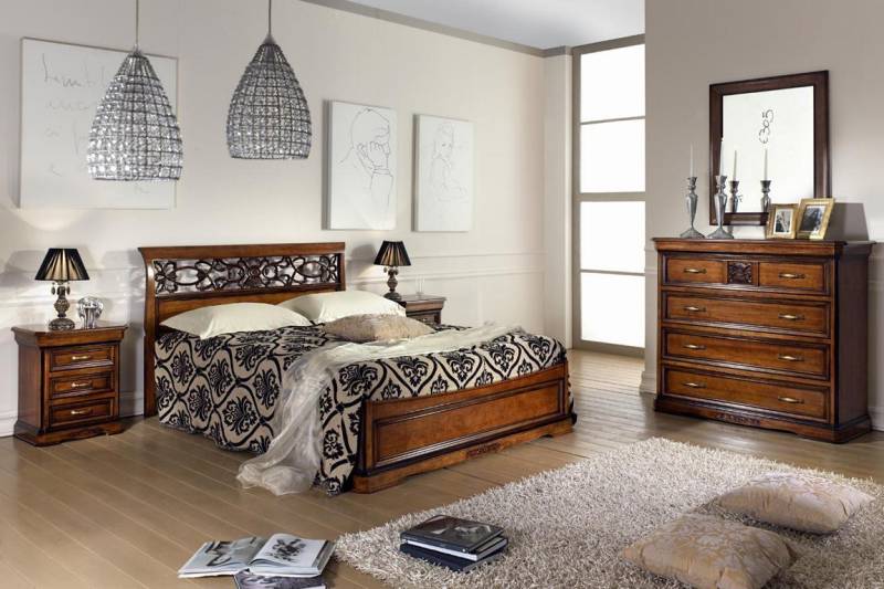 Komplett Schlafzimmer Set Holz Braun Bett 2x Nachttisch Kommode Spiegel Neu von JV Möbel