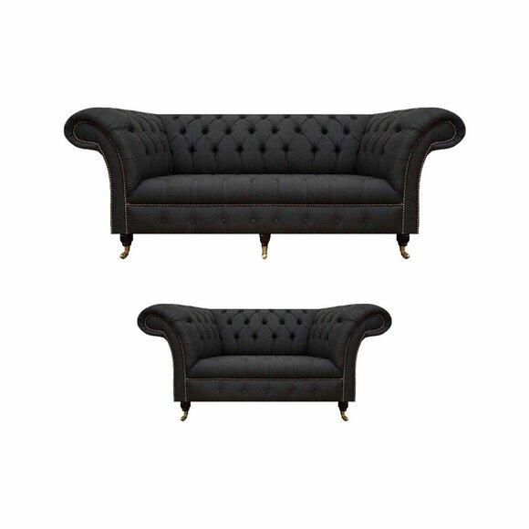 Komplett Schwarze Chesterfield Garnitur Designer Dreisitzer Moderner 2-er von JV Moebel