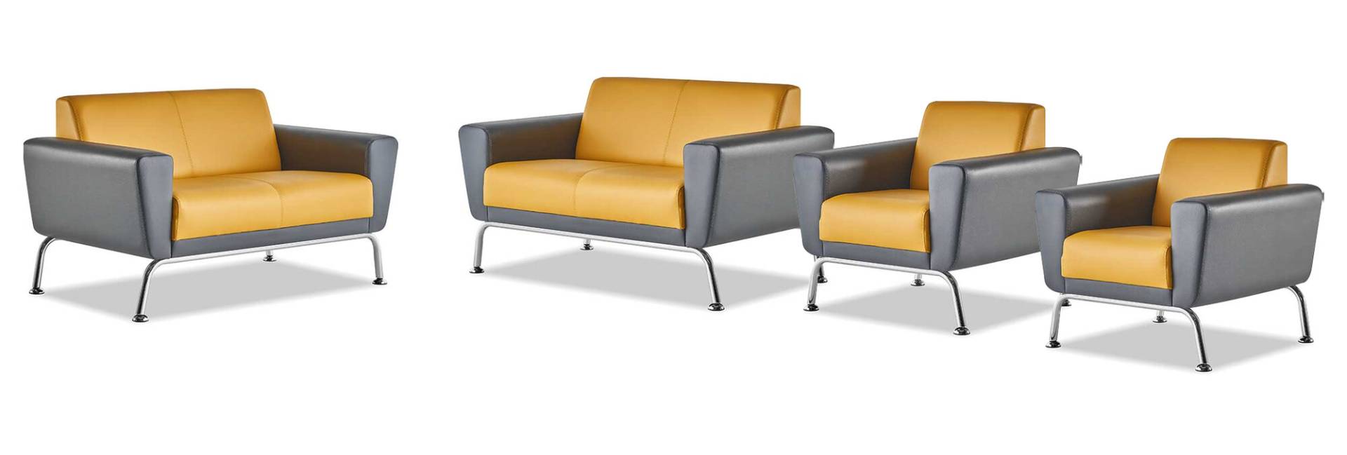Komplett-Set 2-Sitzer Sessel Gelb Grau Edelstahl Ledersofas Sofa-Set von JV Möbel