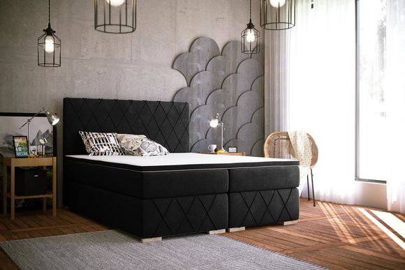 Komplett Set Matratze & Topper Boxspring Bett Schwarz Polster 180x200cm von JV Möbel