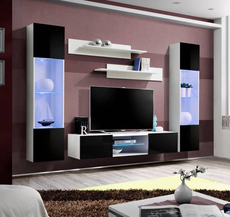 Komplett Wohnwand TV-Ständer Hänge Vitrine Luxus Wand Regal Hochglanz Wohnzimmer von JV Möbel