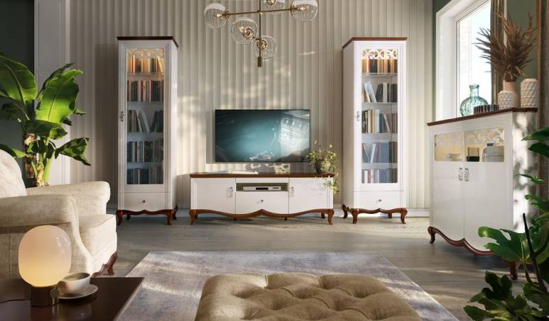 Komplett Wohnzimmer TV-Lowboard mit 2x Vitrine Holzmöbel Wohnwand 3tlg Set von JV Möbel