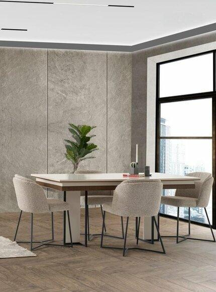 Komplette Beige Esszimmer Garnitur Designer Essgruppe Holztisch Stühle von JV Moebel