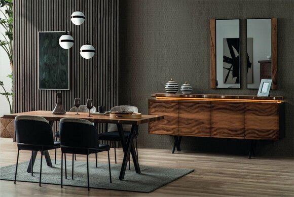 Komplette Braun-Schwarze Essgruppe Designer Holz Esstisch Polsterstühle von JV Moebel