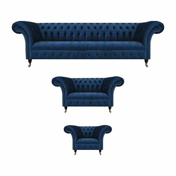Komplette Dunkelblaue Chesterfield Couchen Designer Sessel 4-Sitzer 3tlg von JV Moebel