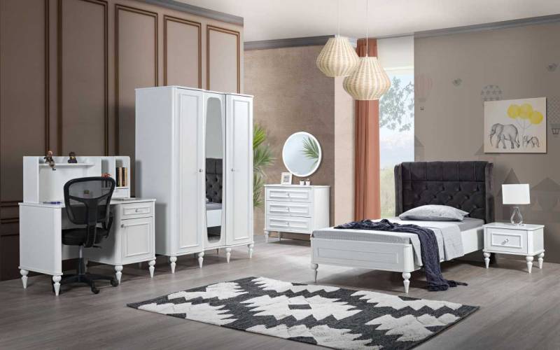 Komplette Jugendzimmer Möbel Bett Kommode Schreibtisch Spiegel 6tlg Set von JV Möbel