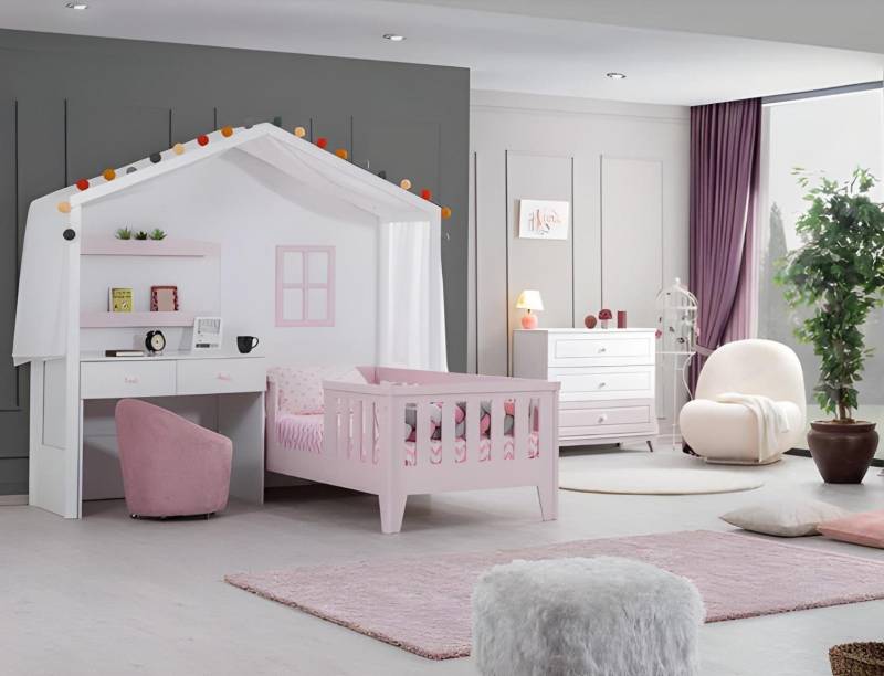 Komplette Kinderzimmer Garnitur Designer Kinderbett mit SchreibtischWeiß Kommode von JV Möbel