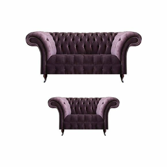 Komplette Lila Chesterfield Sitzgarnitur Textil Dreisitzer 2-Sitzer 2tlg von JV Moebel