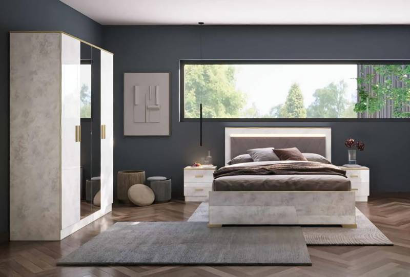 Komplettes Schlafzimmer Set Bett Nachttische Spiegel Kommode Schrank 4tlg von JV Möbel