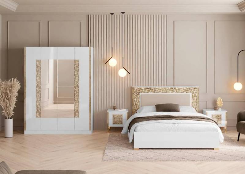 Komplettes Schlafzimmer Set Schrank Bett Nachttische Spiegel Kommode 4tlg von JV Möbel