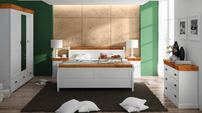 Landhaus Bett Kleiderschrank Nachttisch Schlafzimmer Komplett Holz Set 5tlg von JV Möbel