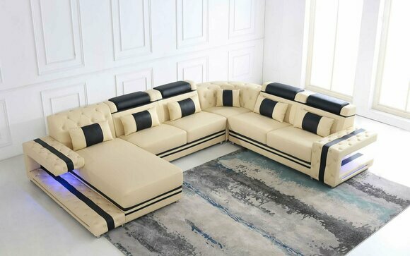 Leder Polster Sitz Design Modern Eck Garnitur Sofa Wohnlandschaft U Form USB LED Leder Polster Sitz Design Modern Eck Garnitur Sofa Wohnlandschaft U Form USB LED von JV Möbel