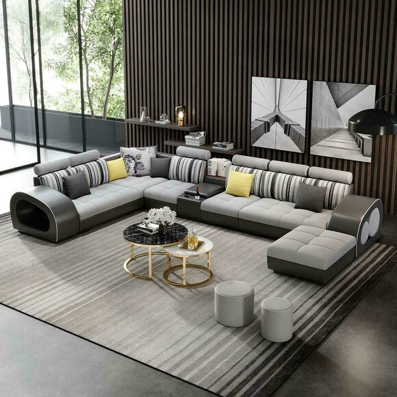 Ledersofa Sofa mit USB Couch Designersofa U Form Eckgarnitur Polsterecke Big neu von JV Möbel