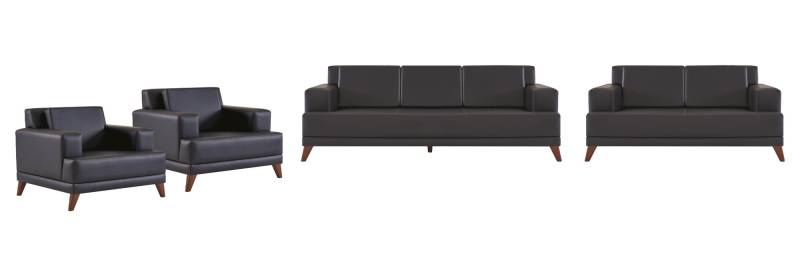 Ledersofas Set 3-Sitzer 2-Sitzer 2x Sessel Schwarz Polster Kissen Holz von JV Möbel