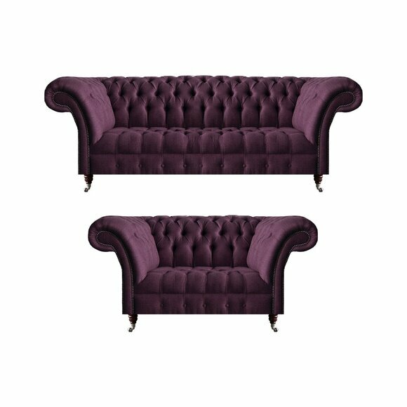 Lila Chesterfield Garnitur Textilsofas Wohnzimmer Dreisitzer 2-Sitzer von JV Moebel