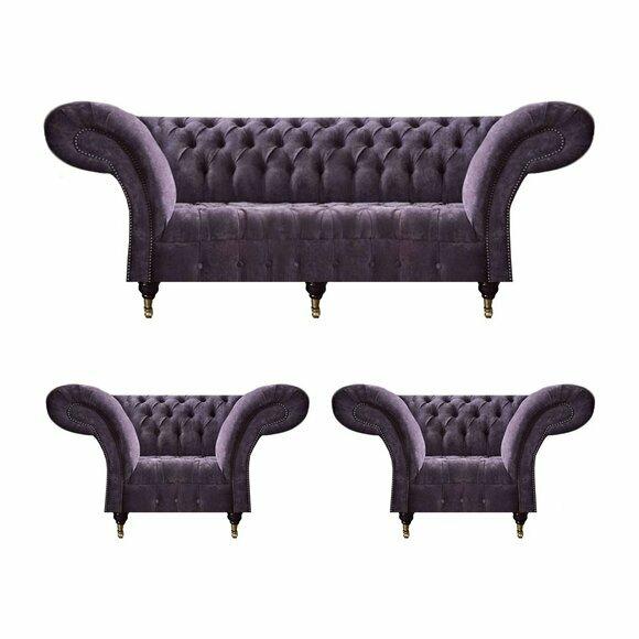 Lila Chesterfield Polstergarnitur Wohnzimmer 3-Sitzer Designer 2x Sessel von JV Moebel