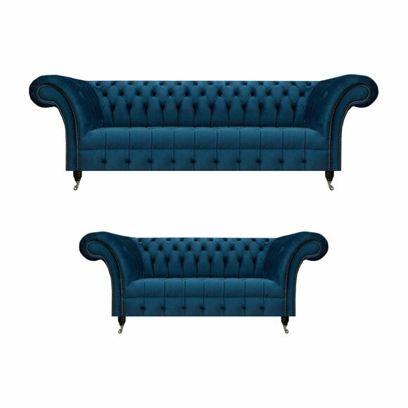 Luxuriöse Blaue Chesterfield Textilgarnitur 3-Sitzer Sofa Zweisitzer von JV Moebel