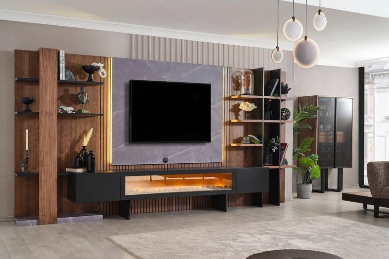 Luxuriöse Braun-Schwarze Wohnwand Designer TV-Board Robuste Regale Neu von JV Möbel