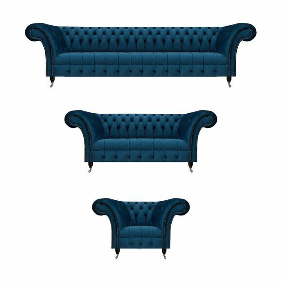 Luxuriöse Chesterfield Blaue Polstergarnitur Designer Textilsofas Sessel von JV Moebel