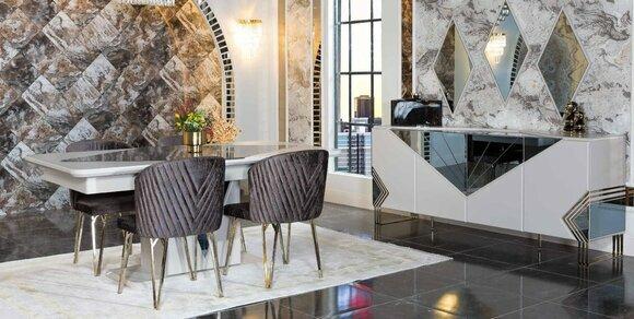 Luxuriöse Esszimmer Garnitur Designer Esstisch x4 Stühle Kommode Spiegel von JV Moebel
