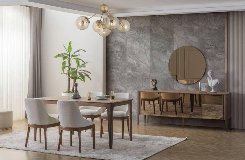 Luxuriöse Esszimmer Garnitur Recheckiger Esstisch 6x Textilstühle 9tlg von JV Moebel