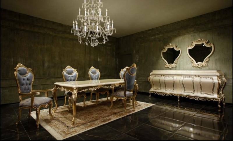 Luxuriöse Esszimmergarnitur Esstisch 6x Stühle Anrichte Vitrine Spiegel Luxuriöse Esszimmergarnitur Esstisch 6x Stühle Anrichte Vitrine Spiegel von JV Möbel