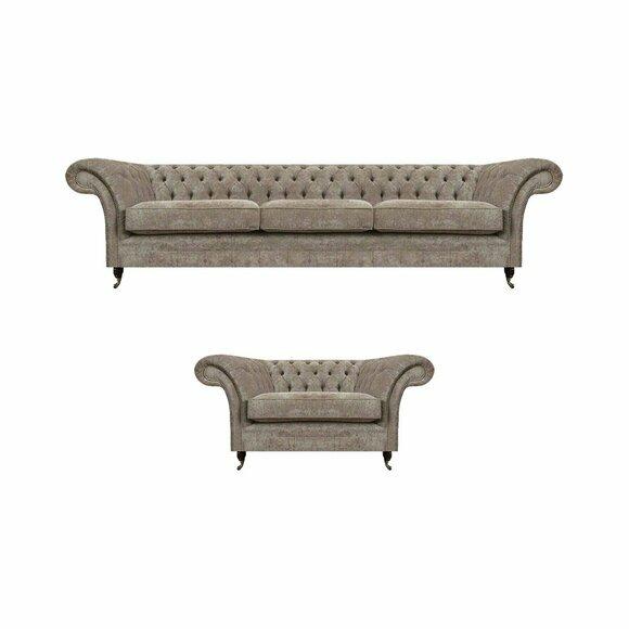 Luxuriöse Graue Chesterfield Sitzcouchen Moderner Textil Sessel 2tlg Set von JV Moebel