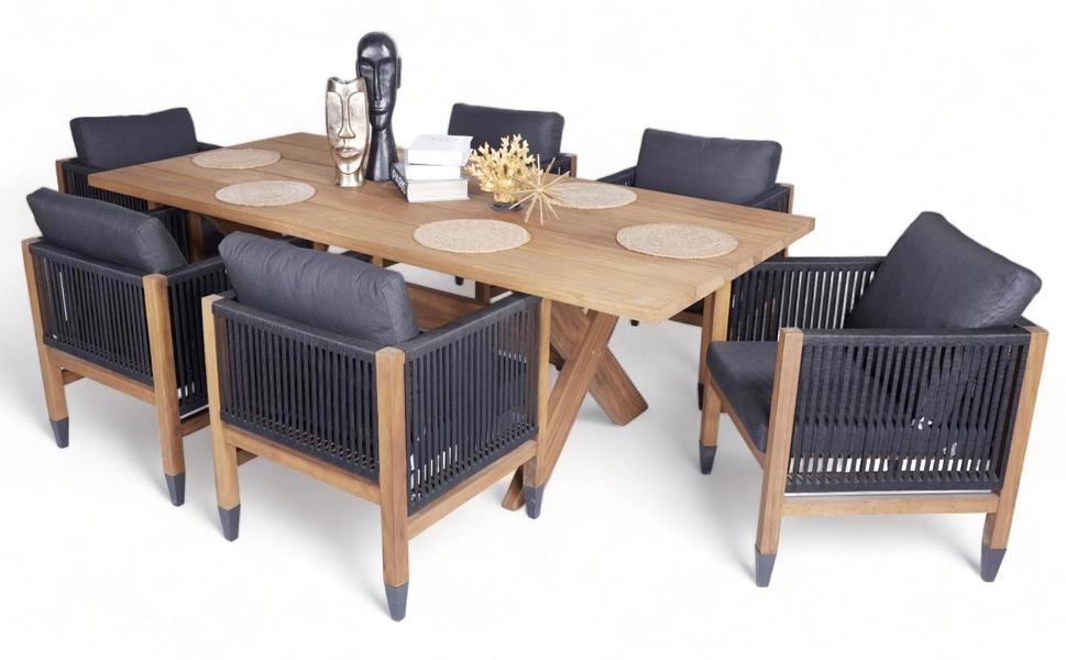 Luxuriöse Komplett Set Esstisch Holz Stilvoller 6x Stühle Textil Gartenmöbel Luxuriöse Komplett Set Esstisch Holz Stilvoller 6x Stühle Textil Gartenmöbel von JV Möbel