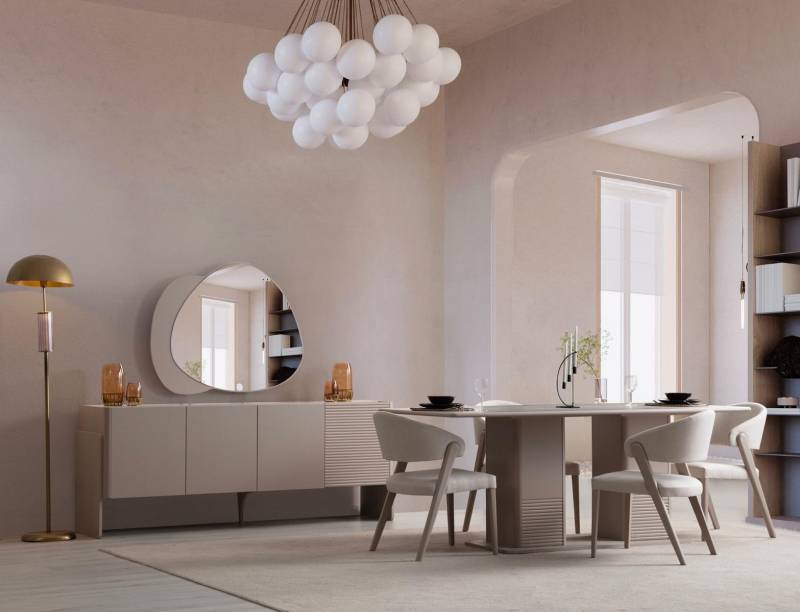 Luxuriöses Beiges Esszimmer Set Holztisch 4x Polsterstühle Anrichte 6tlg Luxuriöses Beiges Esszimmer Set Holztisch 4x Polsterstühle Anrichte 6tlg von JV Möbel