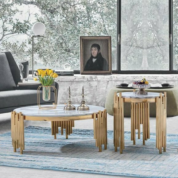Luxus Design Couch Tisch Kaffee Beistell Tische Wohnzimmer Rund Marmor von JV Möbel