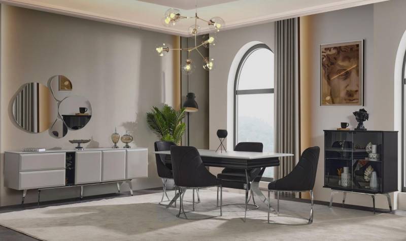 Luxus Esszimmer Schwarz Graue Esstisch 6x Stühle Sideboard Essgruppe 9tlg. von JV Möbel