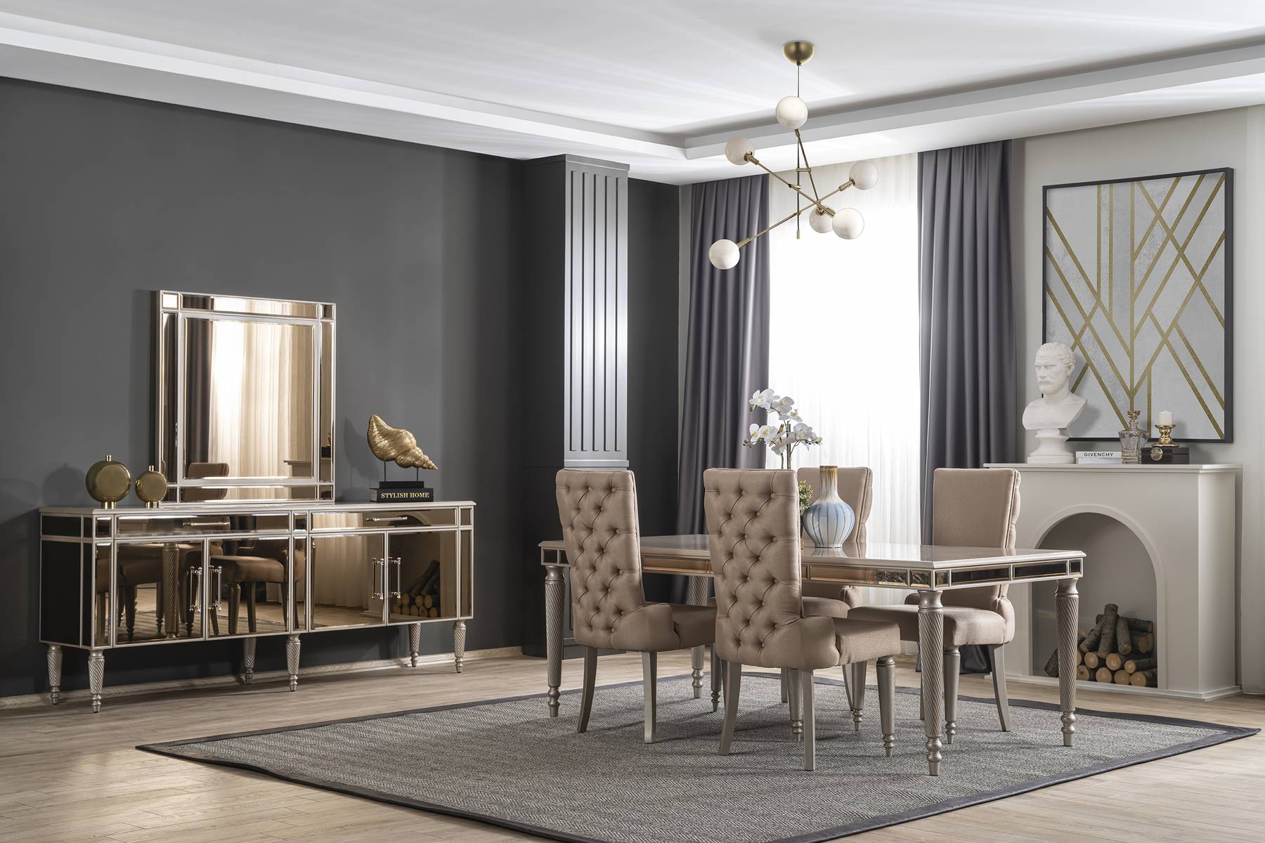 Luxus Esszimmer Set Esstisch 4x Stühle Holz Textil Essgruppe Garnitur Luxus Esszimmer Set Esstisch 4x Stühle Holz Textil Essgruppe Garnitur von JV Möbel