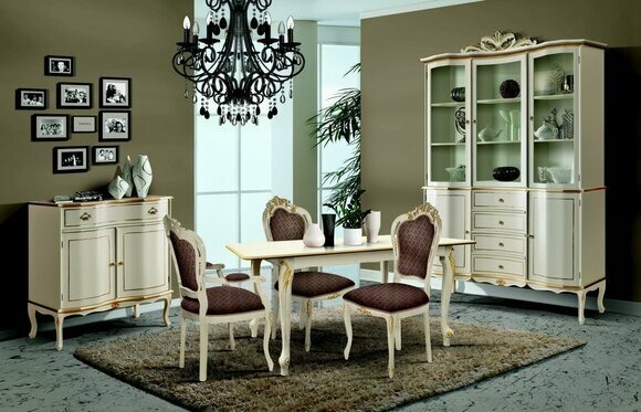 Luxus Esszimmer Set Garnitur 6tlg Weiß Holz Möbel Kommode 3x Stuhl Tisch von JV Möbel