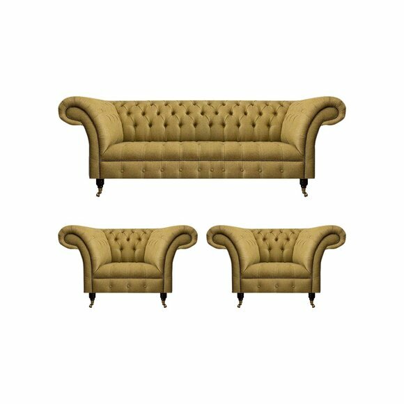 Luxus Gelbe Chesterfield Couch Designer Wohnzimmer 2x Polstersessel 3tlg von JV Moebel