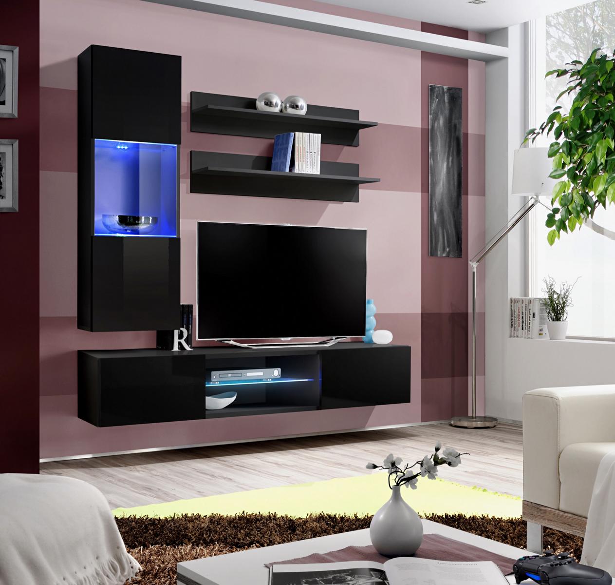 Luxus Hänge Vitrine Wohnwand Set Wohnzimmermöbel Hochglanz Schwarz Einrichtung Luxus Hänge Vitrine Wohnwand Set Wohnzimmermöbel Hochglanz Schwarz Einrichtung von JV Möbel
