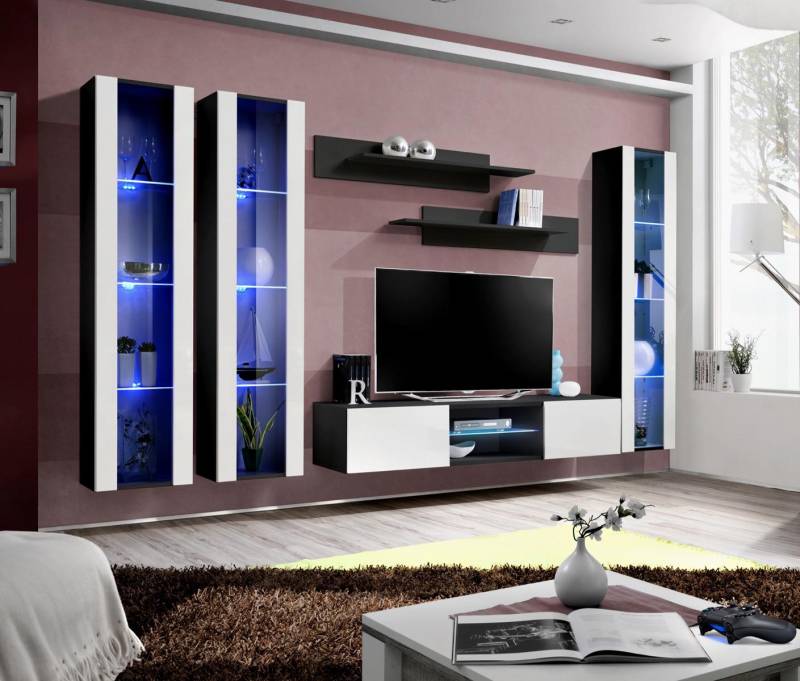 Luxus Komplett Hochglanz Wohnwand Hänge Vitrine Holz Einrichtung Wohnzimmer von JV Möbel