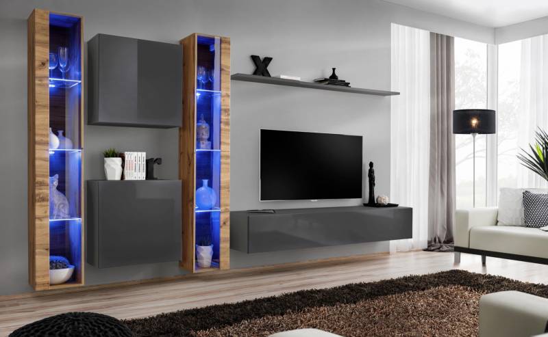 Luxus Komplett Set 6tlg Wohnwand Grau TV-Ständer Wandschrank Sideboard Modern von JV Möbel