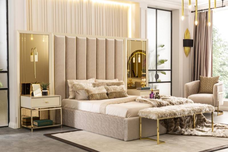Luxus Schlafzimmer Set Bett mit Nachttischen Bank 4tlg. Einrichtung von JV Möbel