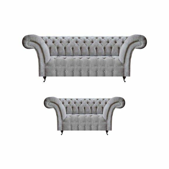 Luxus Sofagarnitur Dreisitzer mit Zweisitzer Grau Sofas Couch Chesterfield von JV Moebel