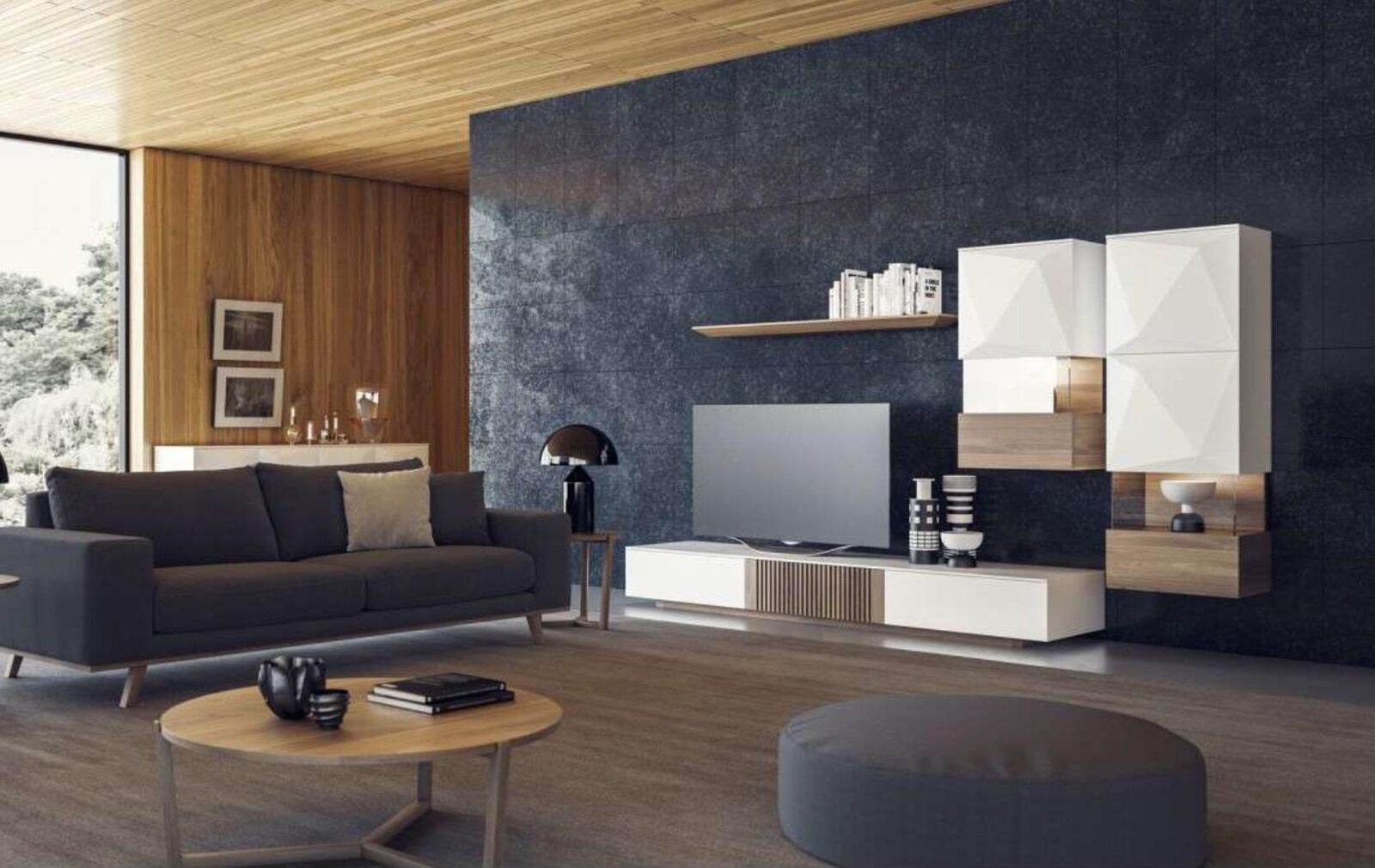 Luxus Walnuss natur Moderne Weiße Wohnwand TV-Ständer Sideboard Wandregale Luxus Walnuss natur Moderne Weiße Wohnwand TV-Ständer Sideboard Wandregale von JV Möbel