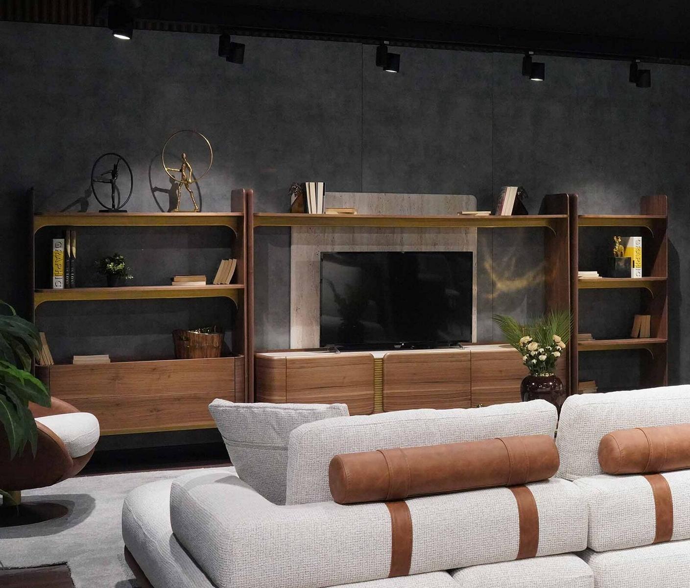 Luxus Wohnwand Design Wohnzimmer Garnitur Möbel Braun Holz Bücherregal Regale von JV Möbel
