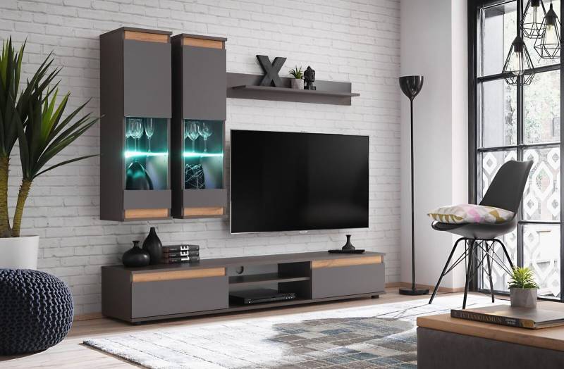 Luxus Wohnwand tv Ständer Holz Designer Wohnzimmer Grau Möbel Wandschrank von JV Möbel
