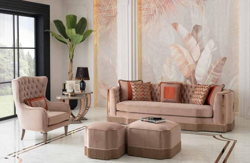 Luxus Wohnzimmer Schiker Sofa 4 Sitzer Sessel mit 2x Hocker Stilvolle Möbel von JV Möbel