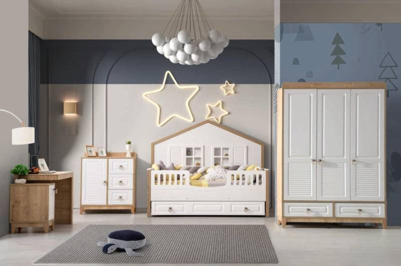Modern Kinderzimmer Set Bett Kleiderschrank Schreibtisch Helles 4tlg Neu von JV Möbel