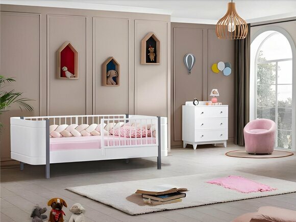 Modern Kinderzimmer Weiß Garnitur Kinderbett Weiß Möbel Set Kommode Holz von JV Moebel