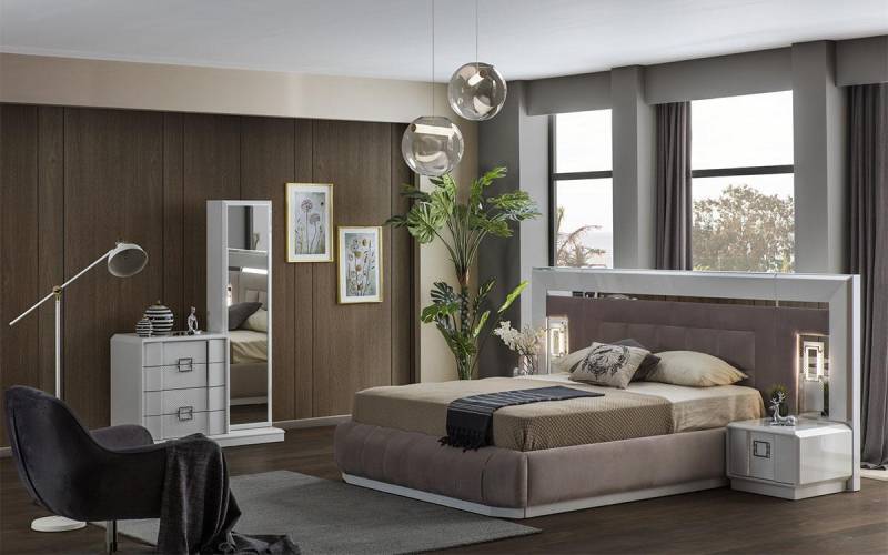 Modern Schlafzimmer Set Bett + 2x Nachttische + Kommode mit Spiegel Luxus Neu von JV Möbel